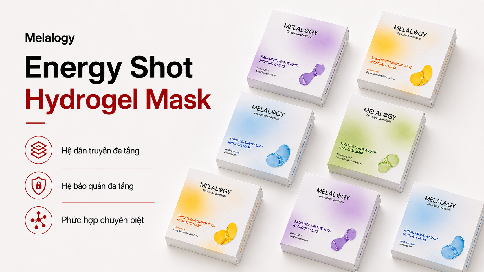 Melalogy Energy Shot Hydrogel Mask — bộ sưu tập bốn công thức